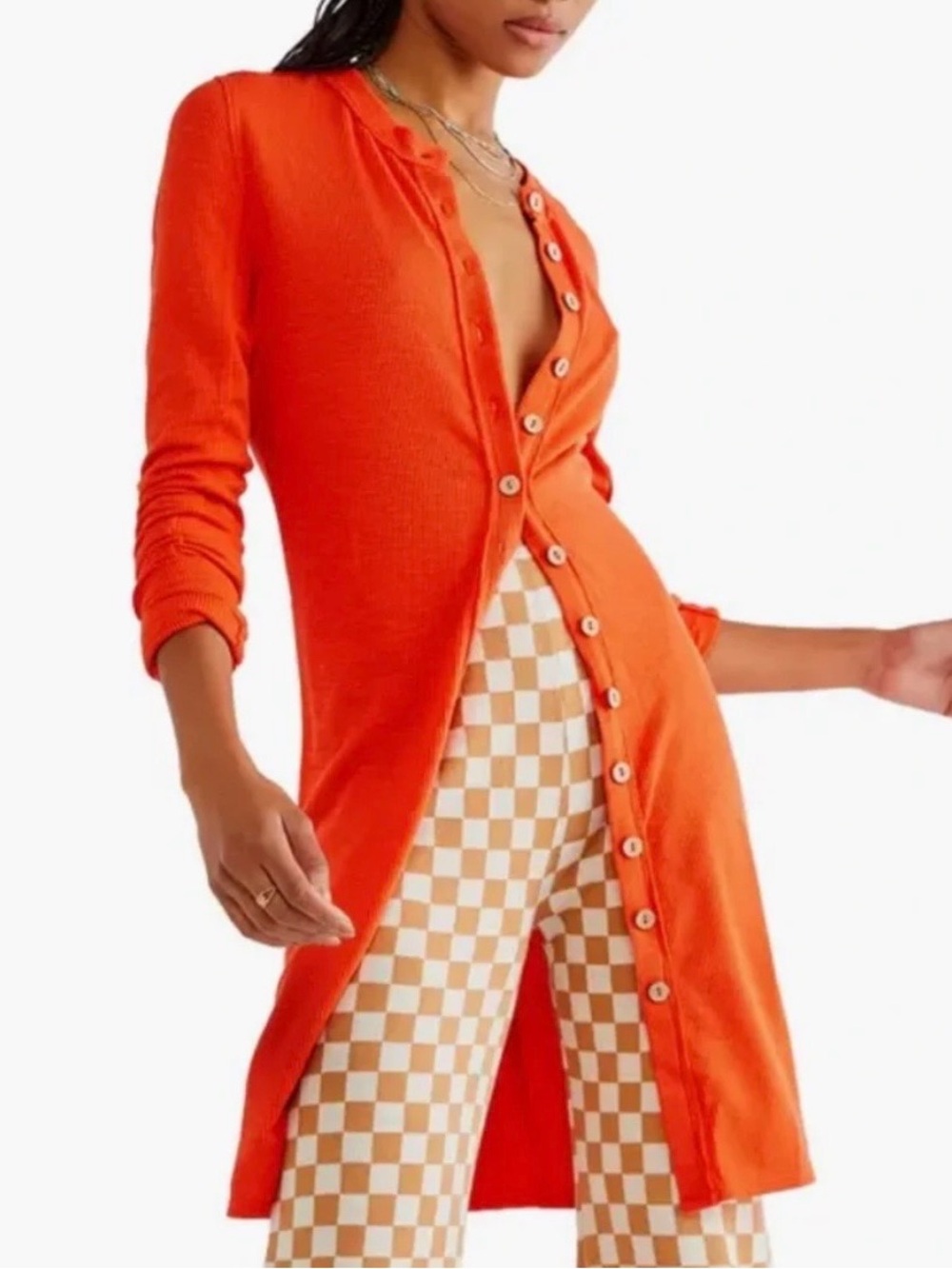 We The Free Gia Cardi Longline Button Front Ribbed Knit Cardigan Orange Size S